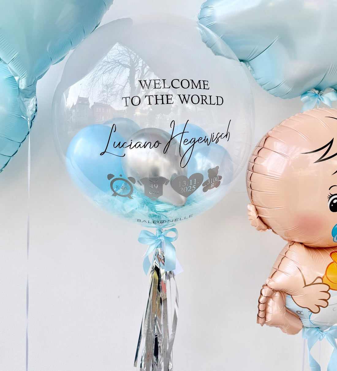 Personalisiertes Ballon-Set Welcome Baby Boy Pastel Blau (5-teilig) - heliumgefüllt