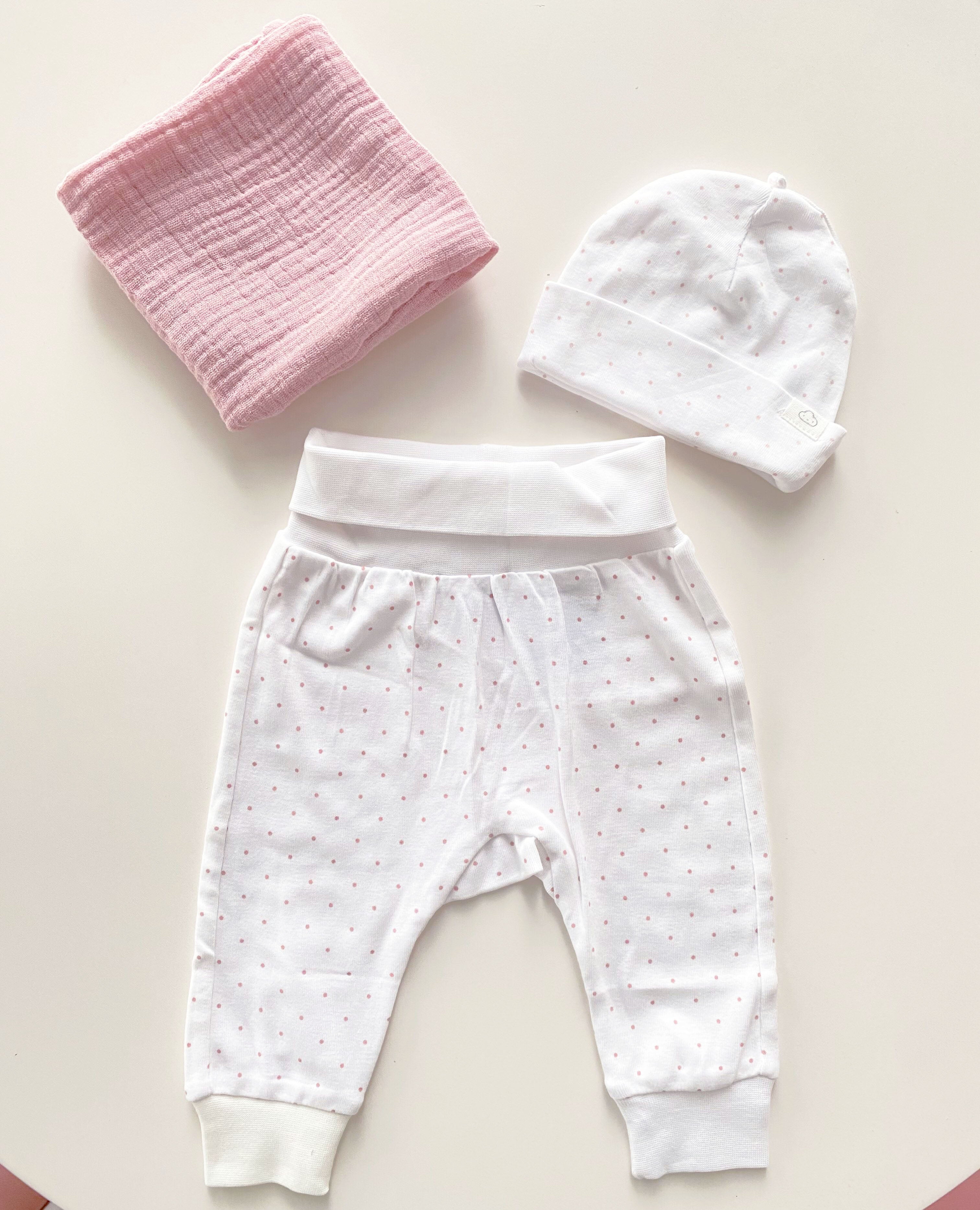 Ballon Baby-Geschenkset Personalisiert 7-teilig gepunktetes Muster in Weiss/Mattrosa