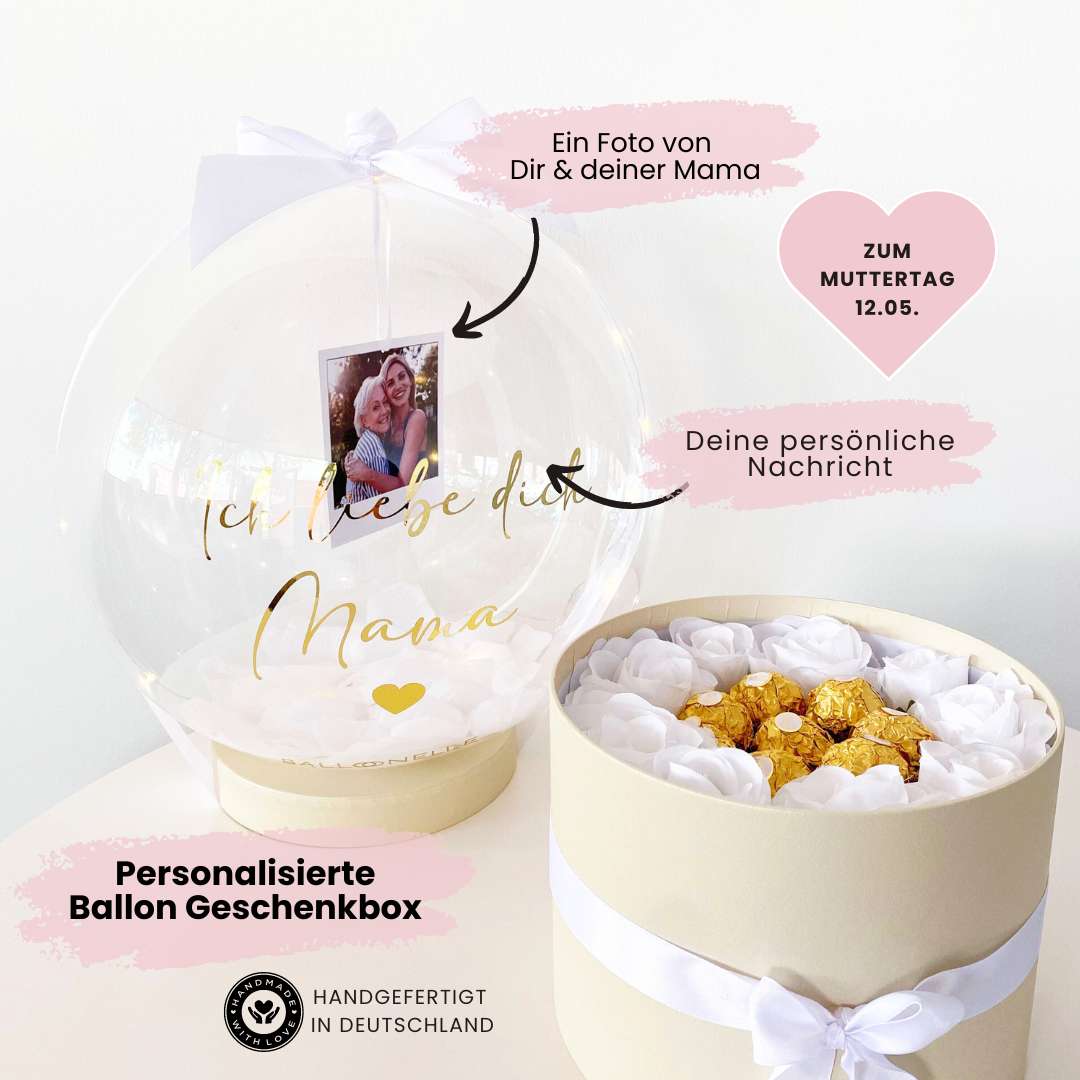 Personalisierte Ballon Rosenbox mit Foto Geschenk zum Muttertag Beige-Weiss