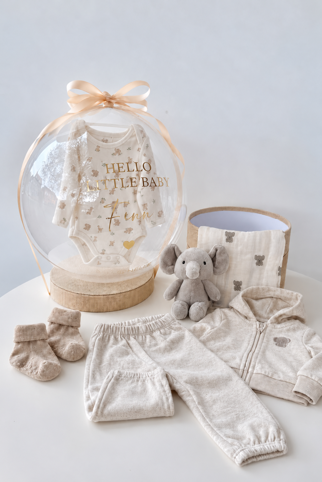 Ballon Baby-Geschenkset Personalisiert 8-teilig Baumwollstrick Safari