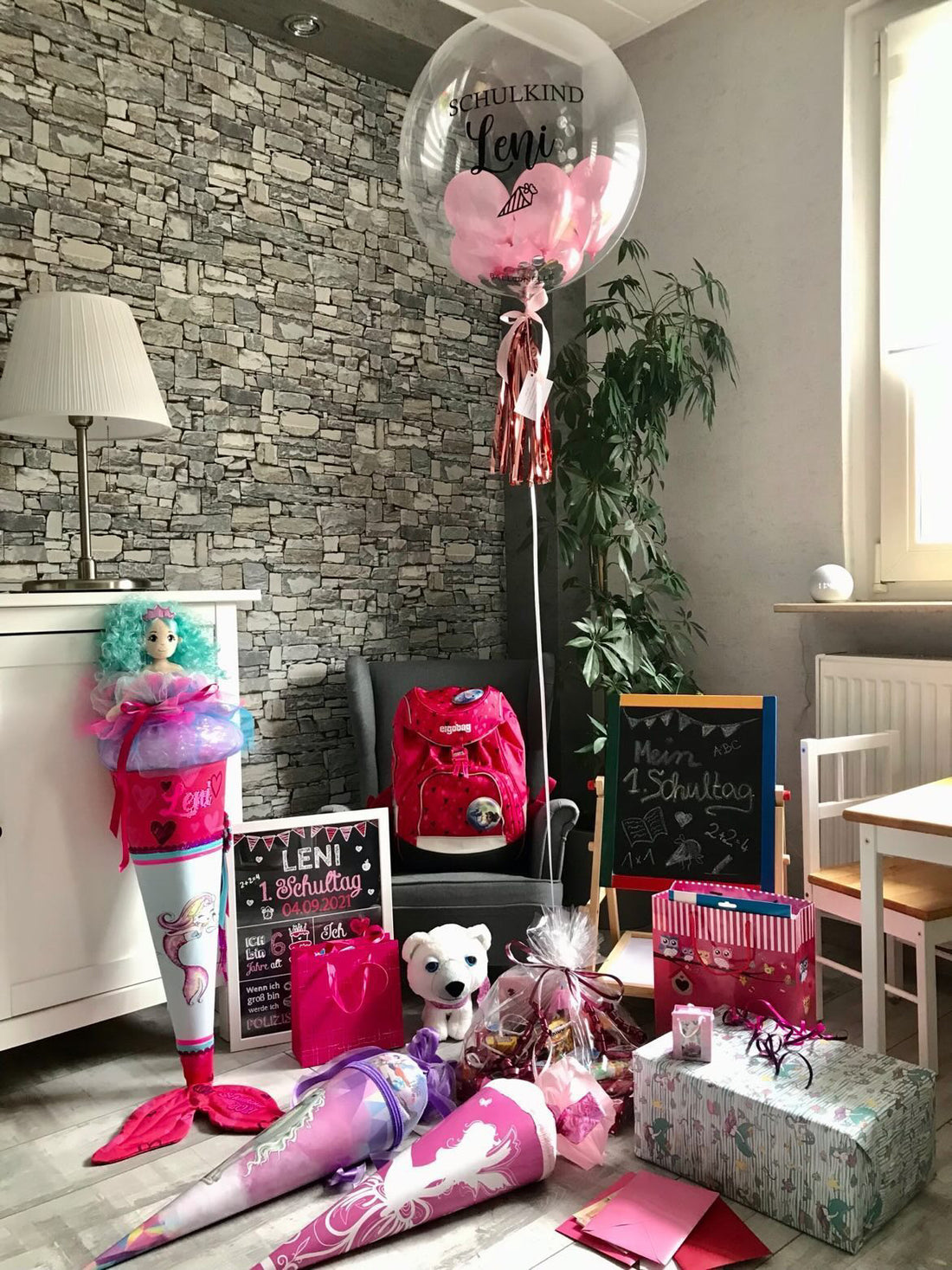 Erster Schultag Rosa Designer Ballon