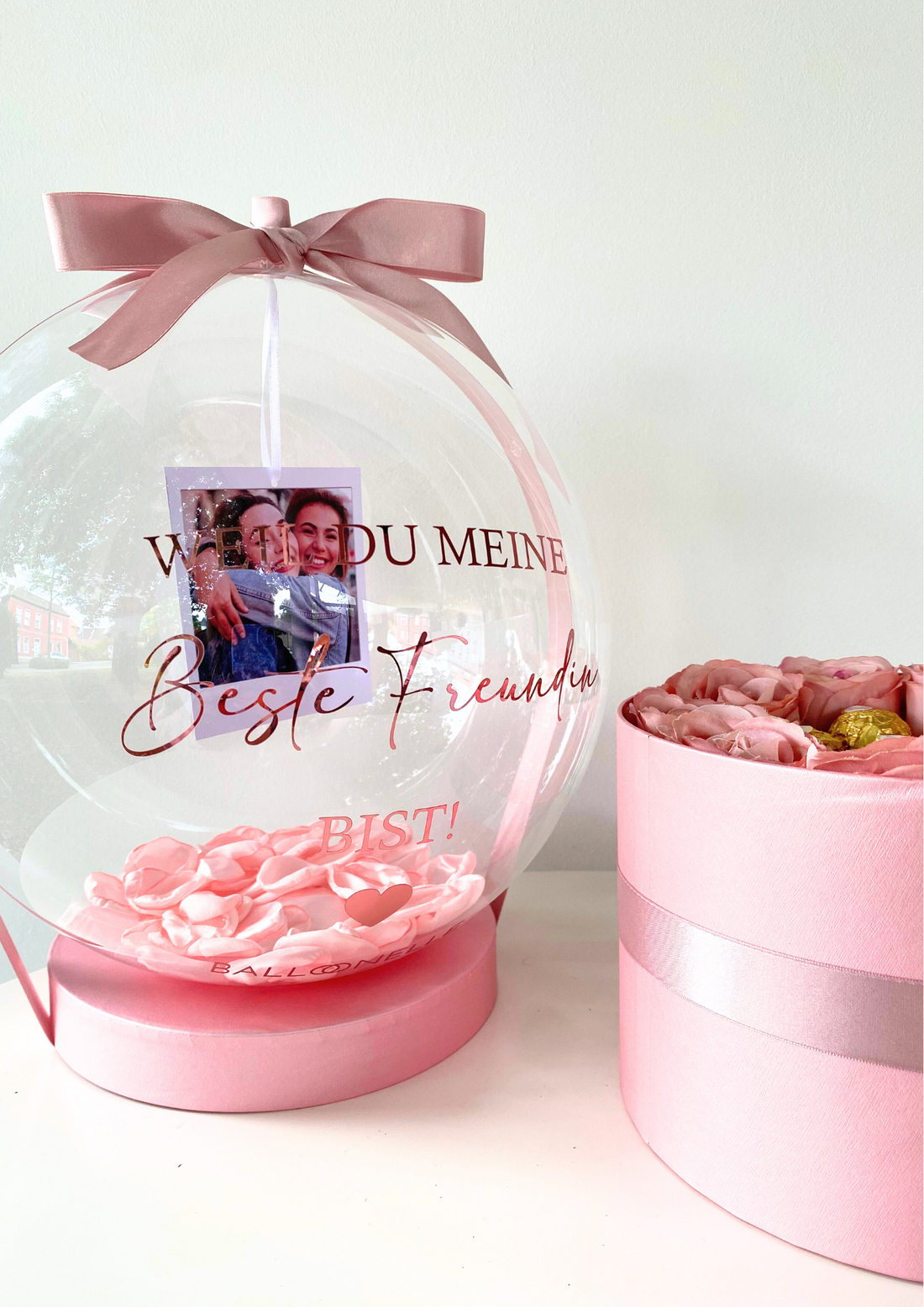 Personalisierte Ballon Rosenbox mit Foto Geschenk in Rosa