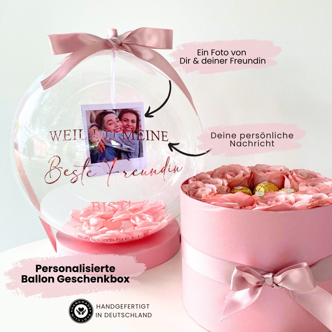 Personalisierte Ballon Rosenbox mit Foto Geschenk in Rosa