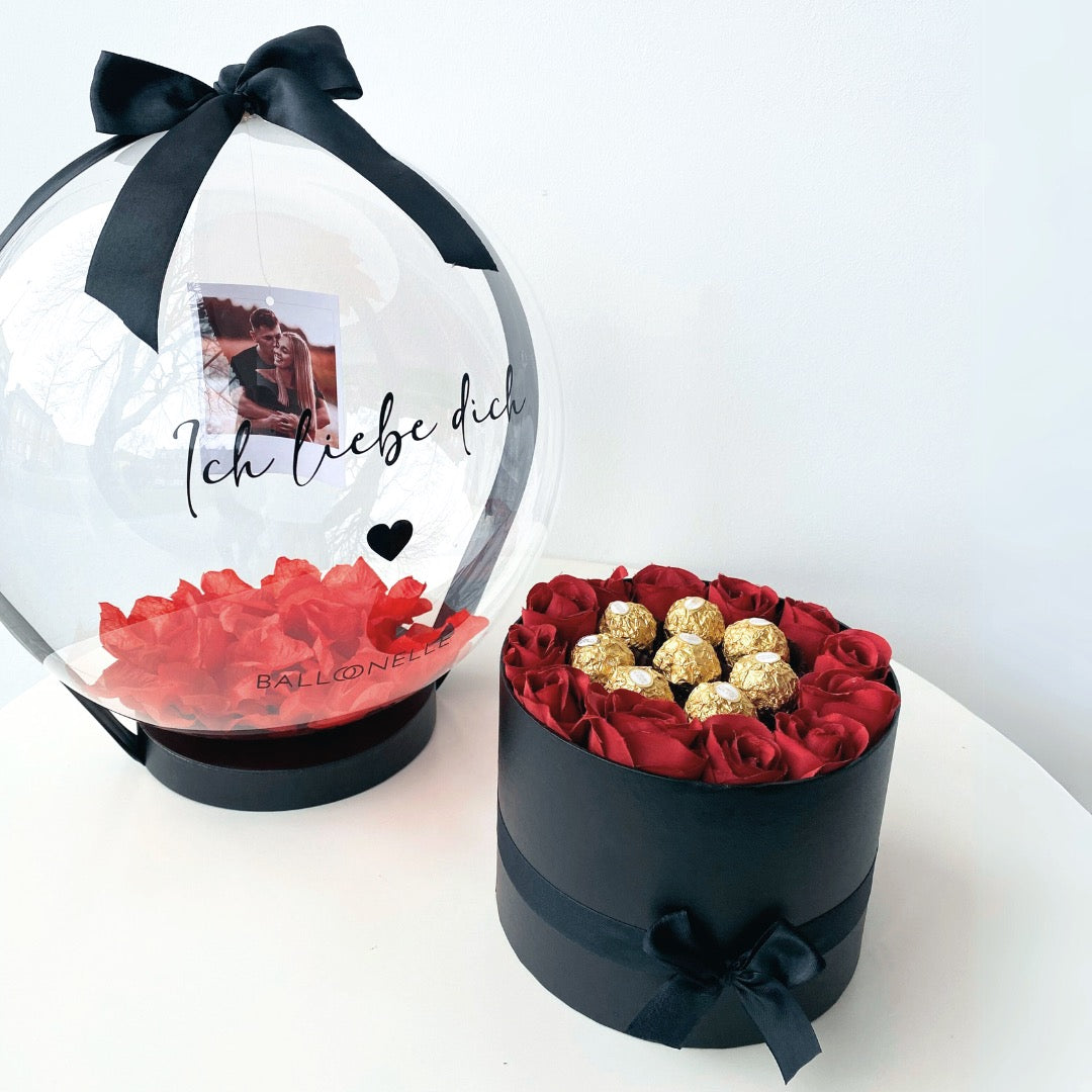 Personalisierte Ballon Rosenbox mit Foto + Herzballons Geschenkset Valentinstag