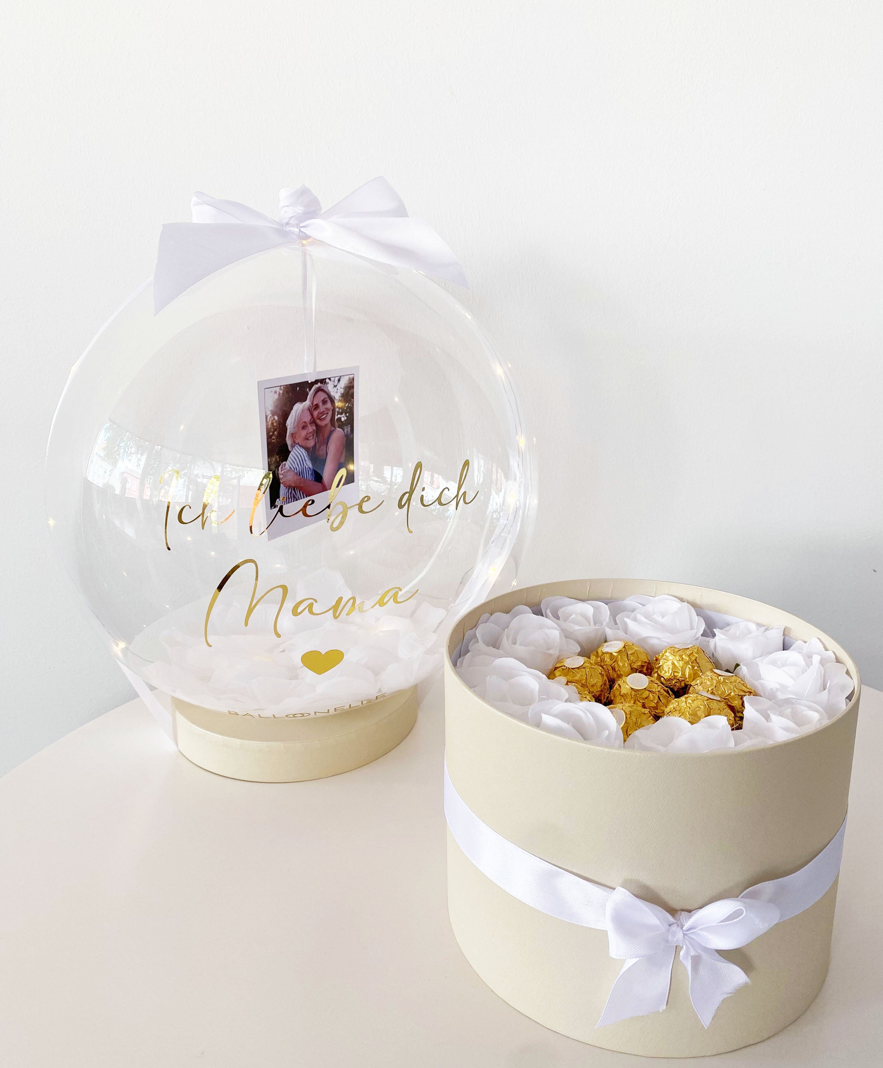 Personalisierte Ballon Rosenbox mit Foto Geschenk zum Muttertag Beige-Weiss