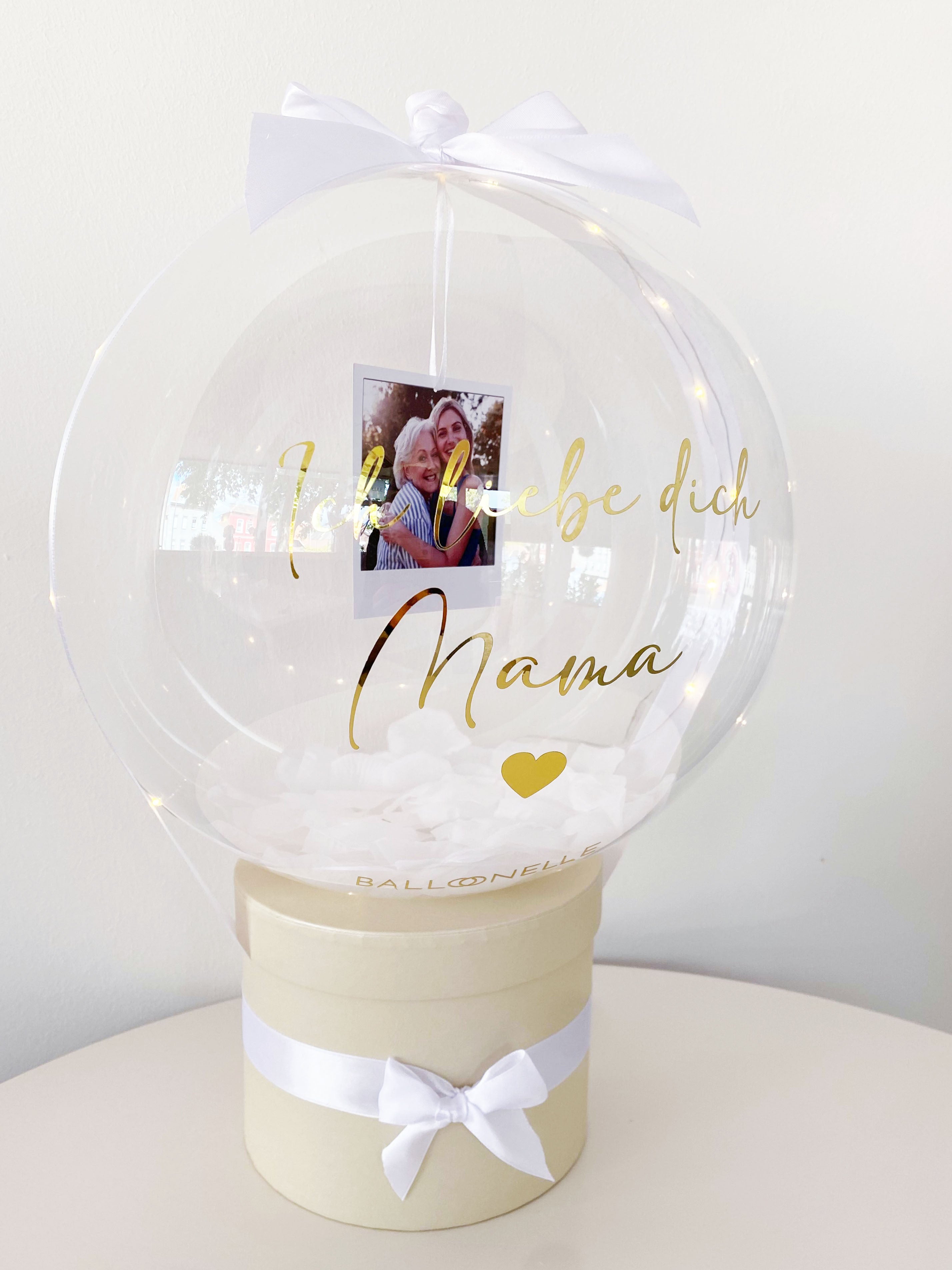 Personalisierte Ballon Rosenbox mit Foto Geschenk zum Muttertag Beige-Weiss