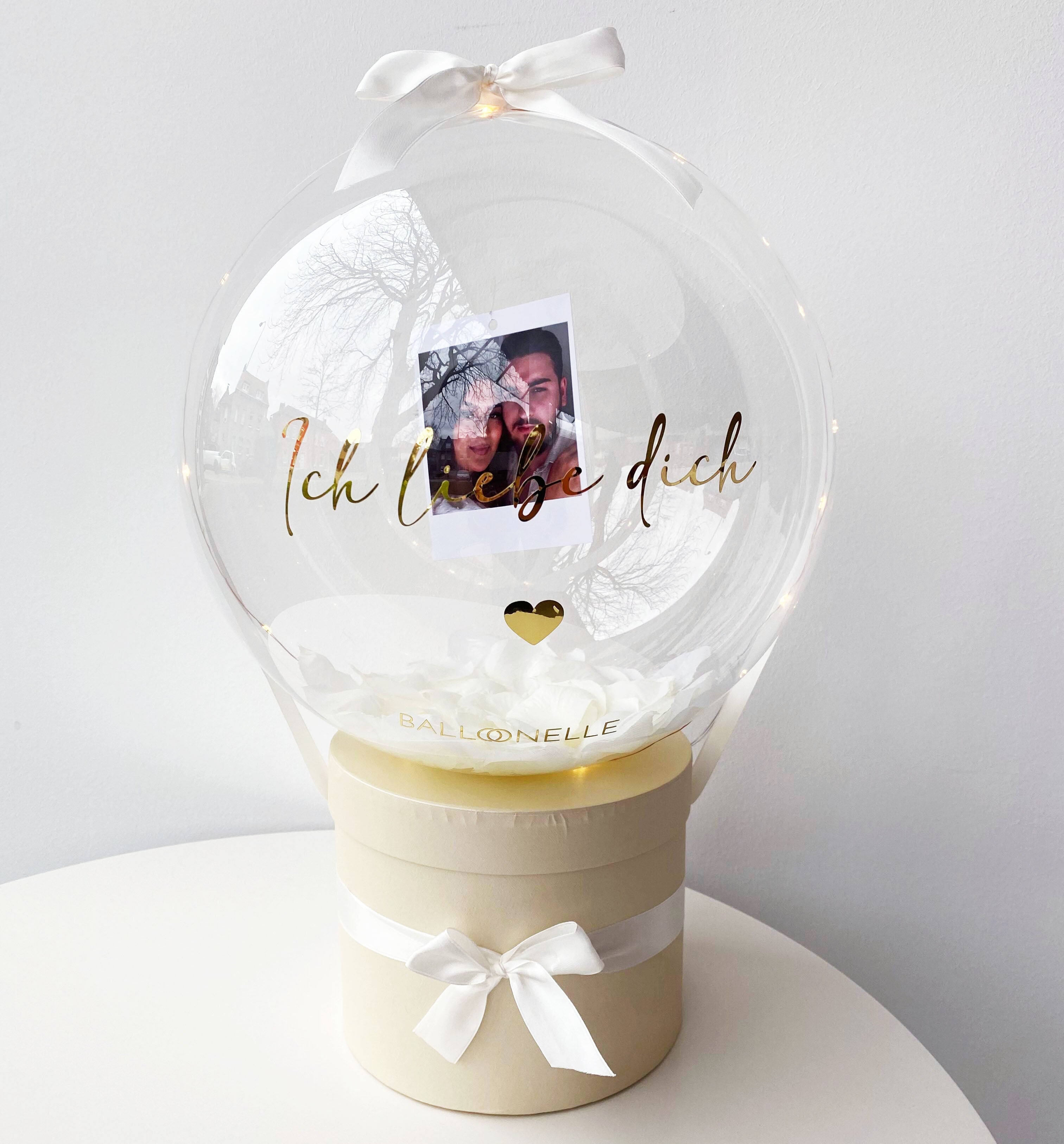 Personalisierte Ballon Rosenbox mit Foto Geschenk Beige-Weiss