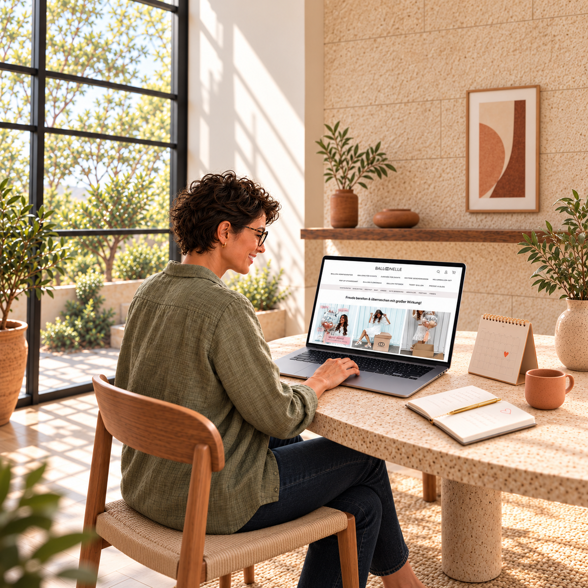 Frau plant ein Ballongeschenk auf der Balloonelle-Startseite am Laptop, an einem hellen Steintisch mit Kalender und Notizbuch.