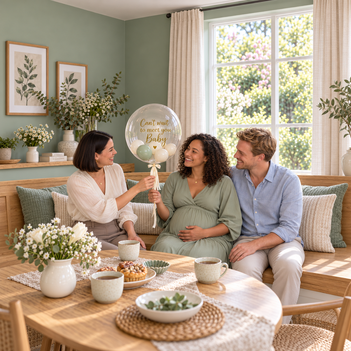 Freundin überreicht werdenden Eltern einen transparenten Baby-Shower-Ballon mit Mini-Ballons in Mintgrün, Beige und Weiß.