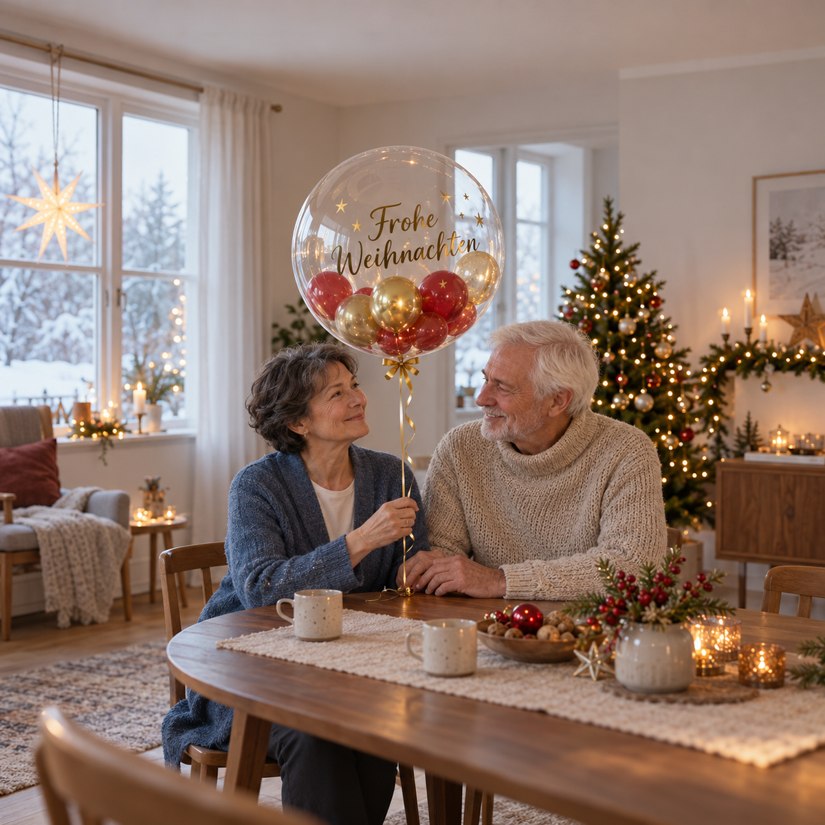 Ein älteres Paar freut sich gemeinsam über einen Ballon mit der Aufschrift „Frohe Weihnachten“.
