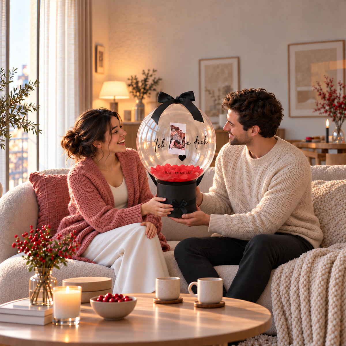 Mann überreicht seiner glücklichen Freundin eine schwarze Ballon-Fotobox mit Foto, roten Rosenblättern und der Aufschrift „Ich liebe dich“.