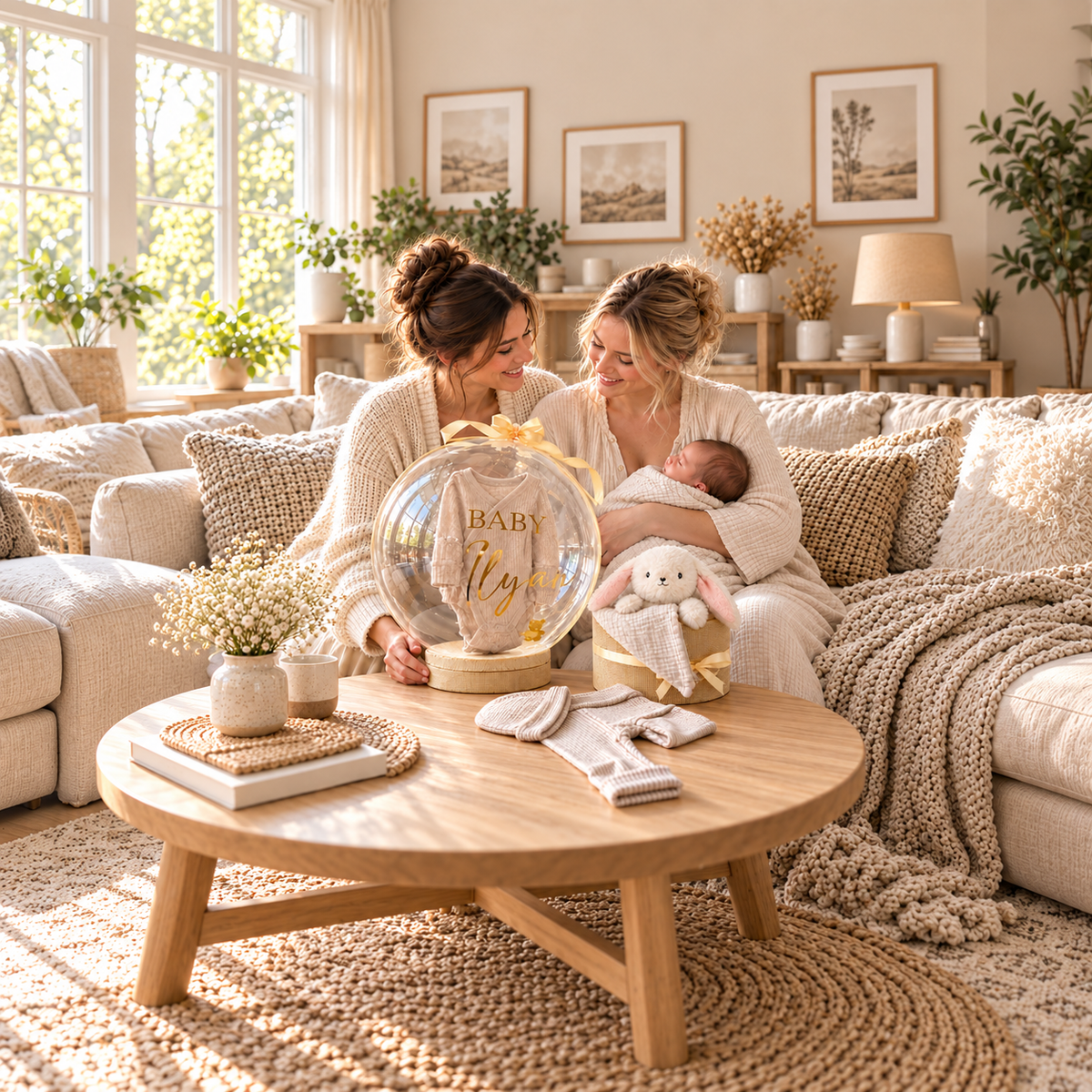 Tante überreicht ein personalisiertes Baby-Geschenkset an eine Mutter mit ihrem Neugeborenen
