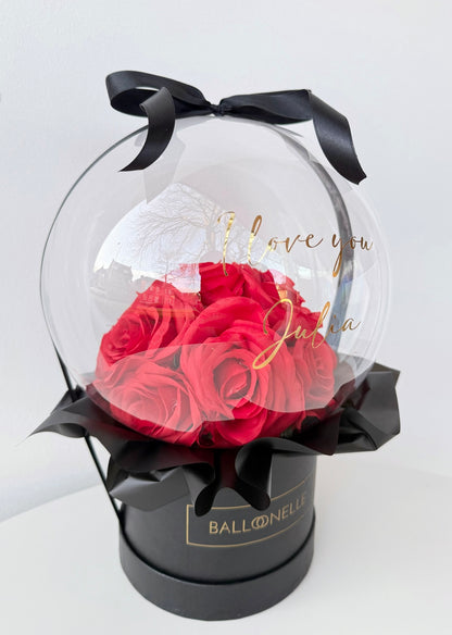 Valentinstag Flowerbox-Set Rote Rosen mit Herzballons - heliumgefüllt