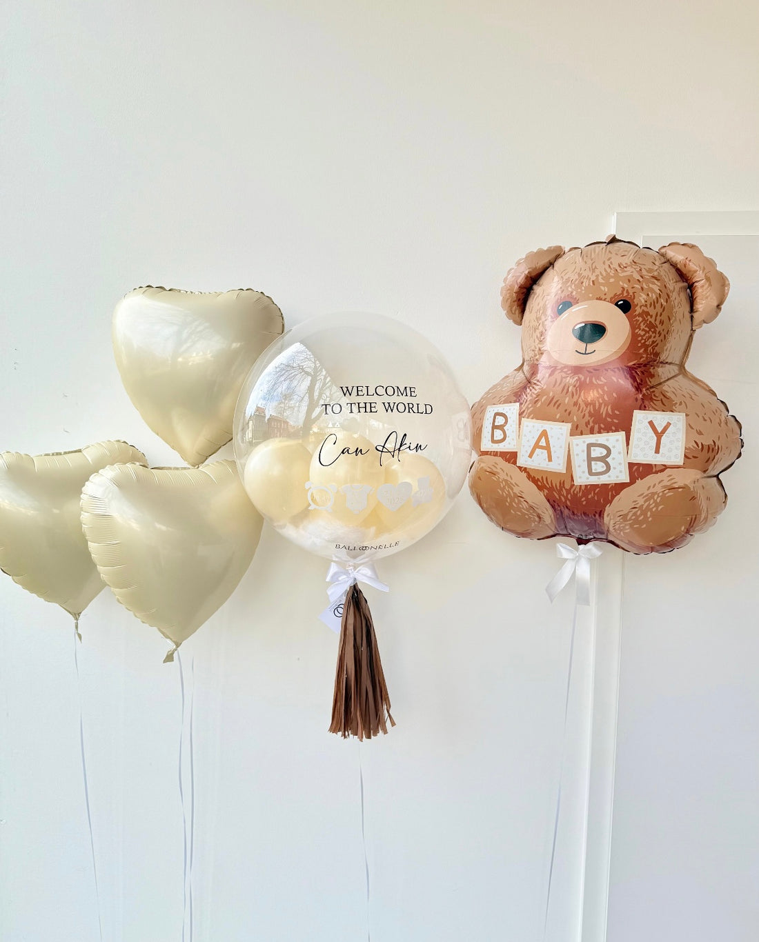 Personalisiertes Ballon-Set Wecome Baby Teddy Beige/Braun (5-teilig) - heliumgefüllt
