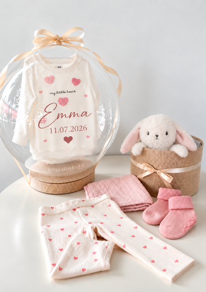 Baby-Geschenkset My little heart mit rosa Herzmotiven und einem Ballon mit Namen und Datum