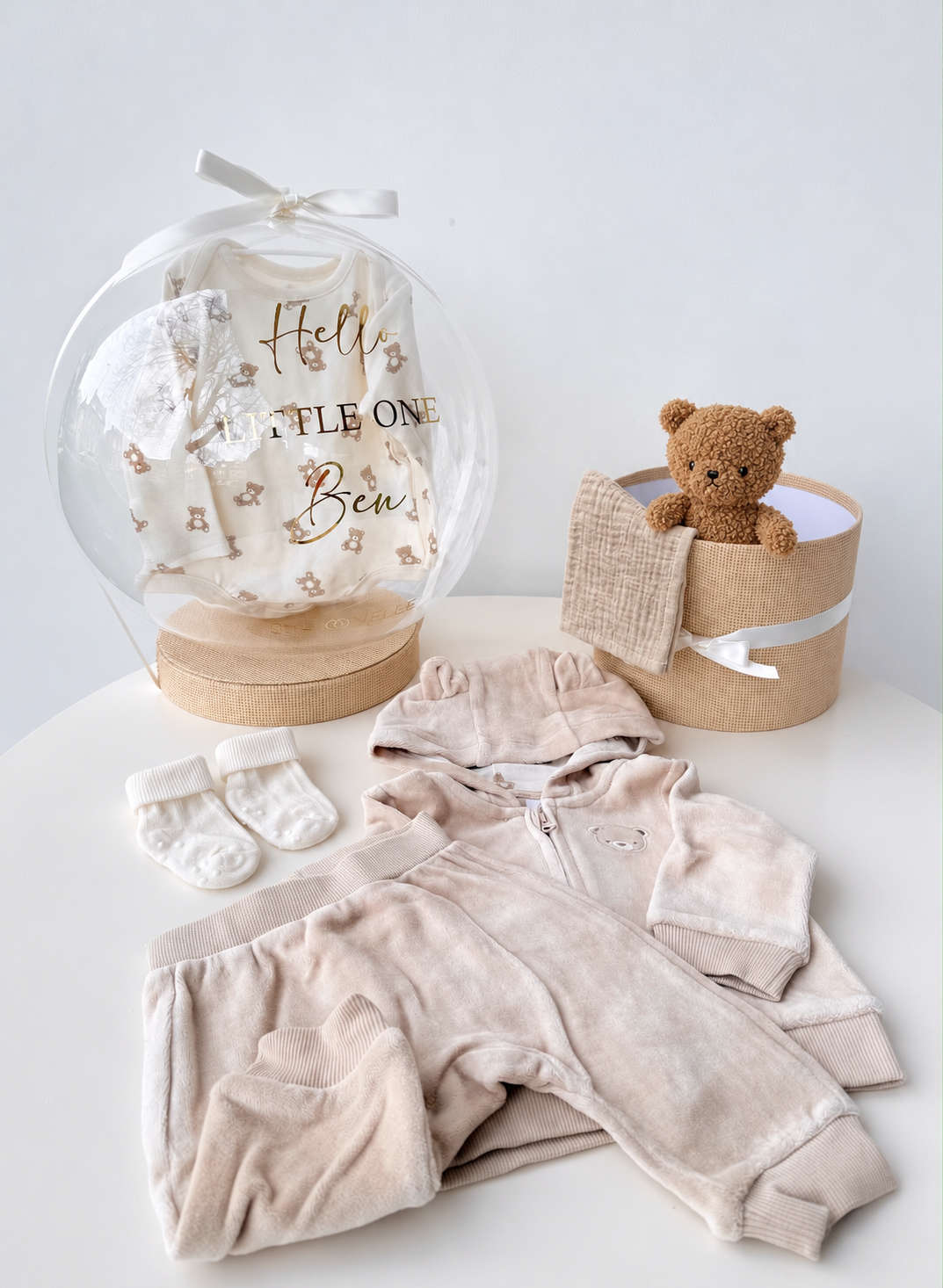 Ballon Baby-Geschenkset Personalisiert 8-teilig Hellbeige/Teddybären