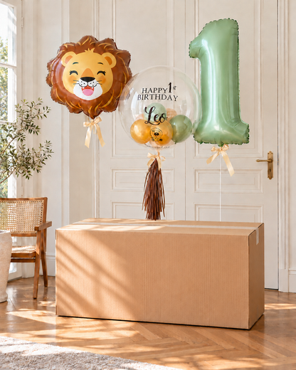 Ballon-Set Dschungel Safari Löwe zum ersten Geburtstag (3-teilig) heliumgefüllt