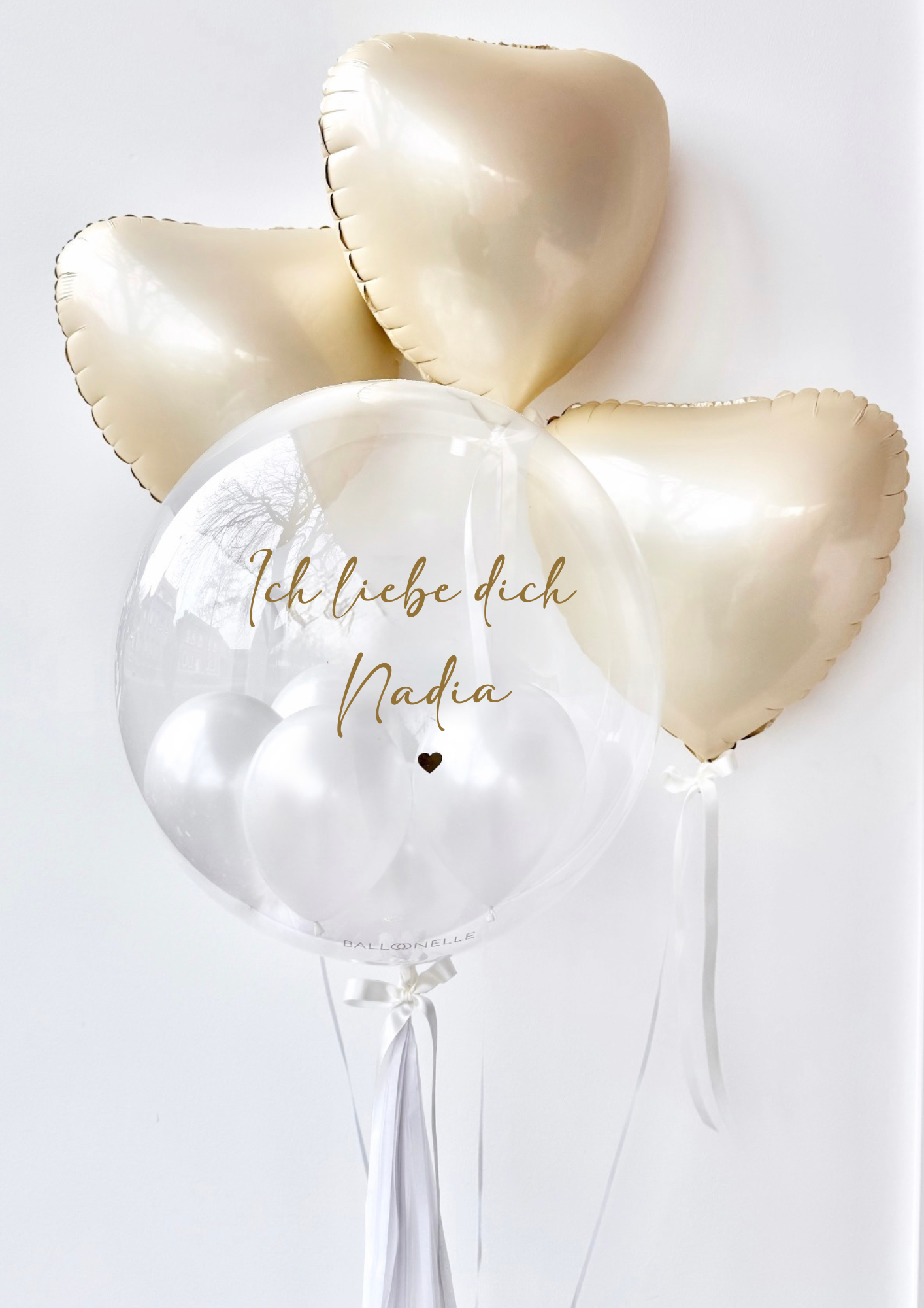 Personalisiertes Heliumballon-Set Valentinstag Beige/Creme (4-teilig) - heliumgefüllt