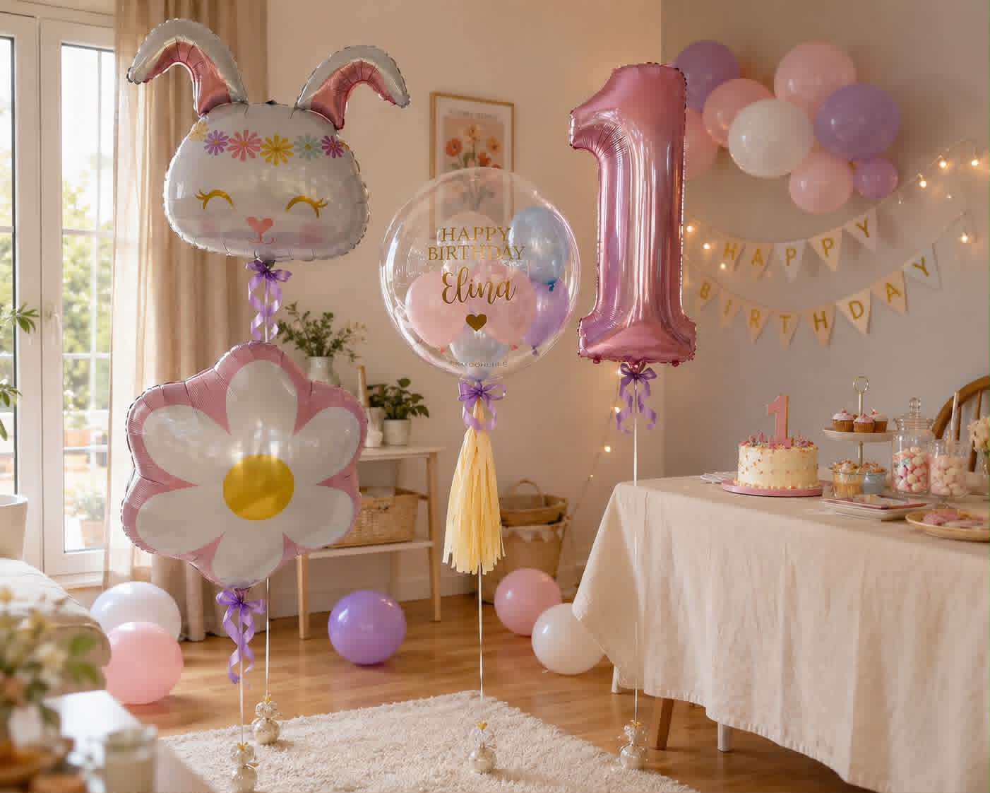 Ballon-Set Daisy Hippie Bunny zum Geburtstag (4-teilig) heliumgefüllt