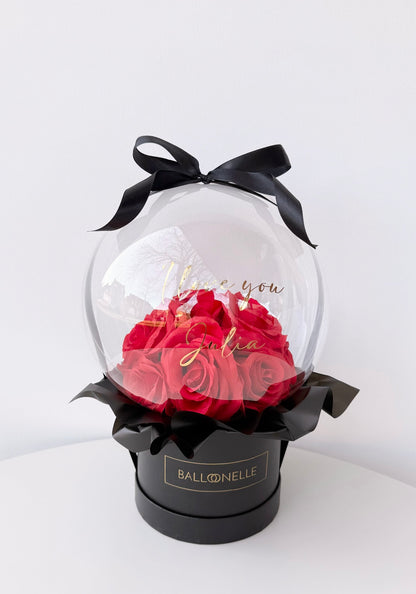 Valentinstag Flowerbox-Set Rote Rosen mit Herzballons - heliumgefüllt