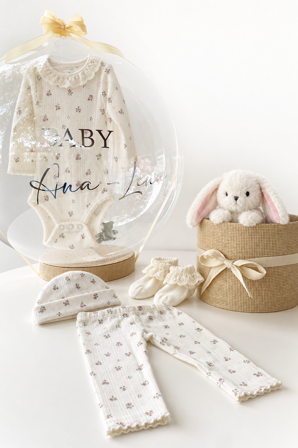 Ballon Baby-Geschenkset Personalisiert 7-teilig Hellbeige/Geblümt