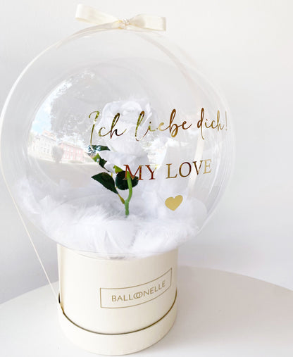 Valentinstag Flowerbox-Set Weisse Rose mit Herzballons - heliumgefüllt