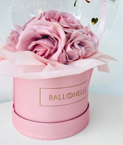 Ballon Flowerbox-Set Rosa Rosen mit Herzballons - heliumgefüllt