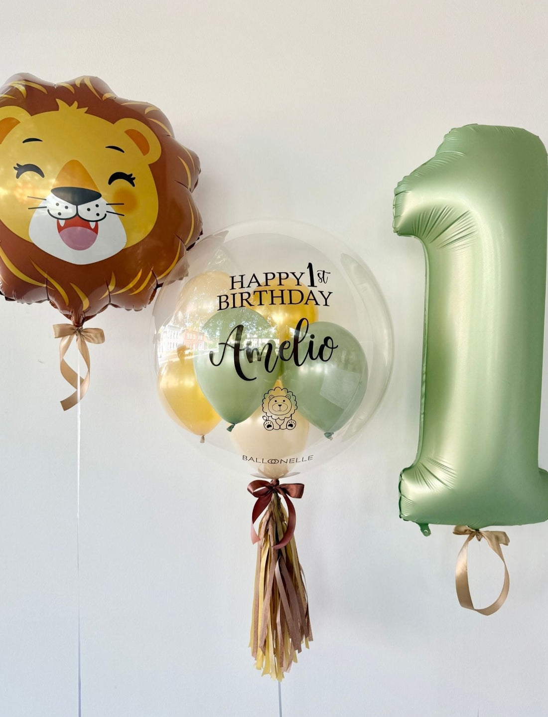 Ballon-Set Dschungel Safari Löwe zum ersten Geburtstag (3-teilig) heliumgefüllt