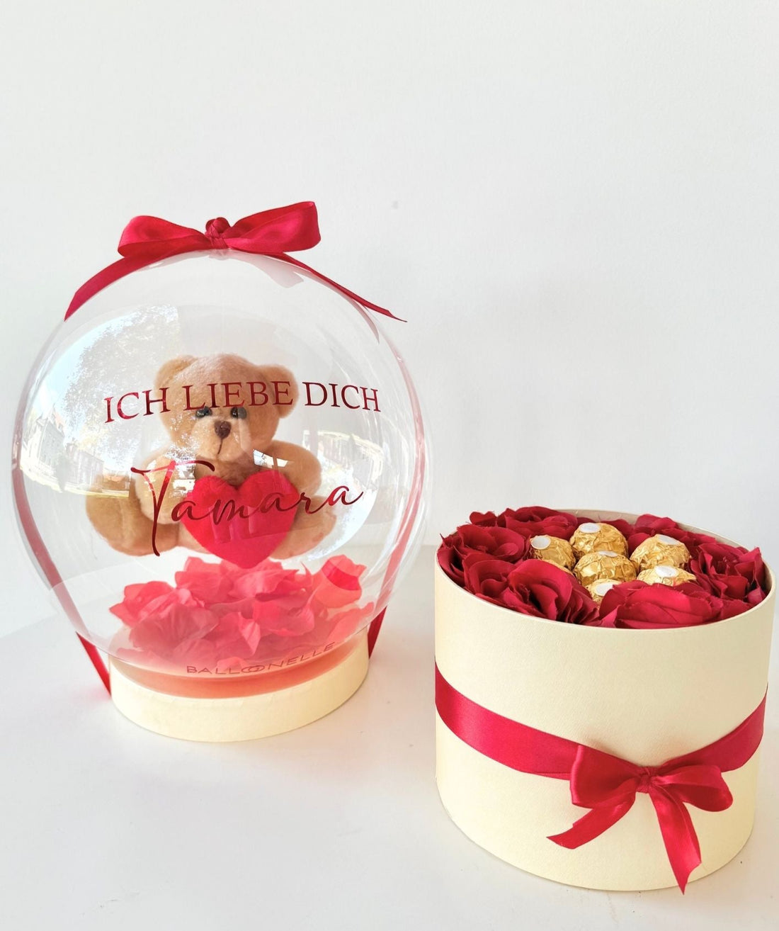 Personalisierte Ballon Rosenbox mit Teddy Geschenk Valentinstag