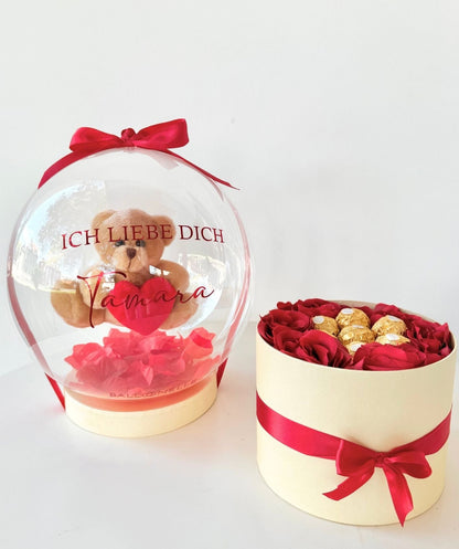 Personalisierte Ballon Rosenbox mit Teddy Geschenk Valentinstag