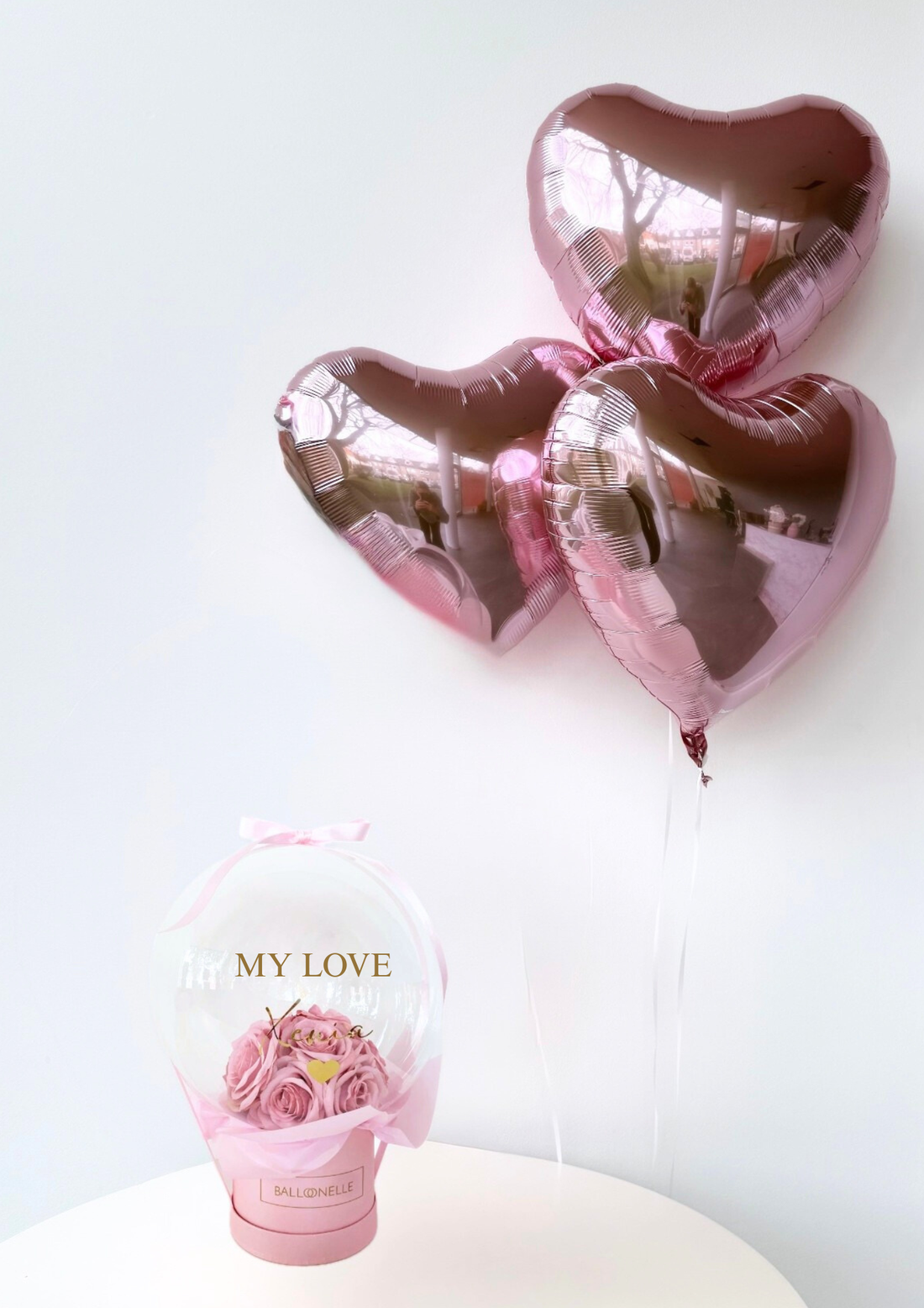 Ballon Flowerbox-Set Rosa Rosen mit Herzballons - heliumgefüllt