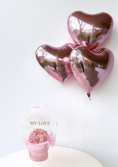 Ballon Flowerbox-Set Rosa Rosen mit Herzballons - heliumgefüllt