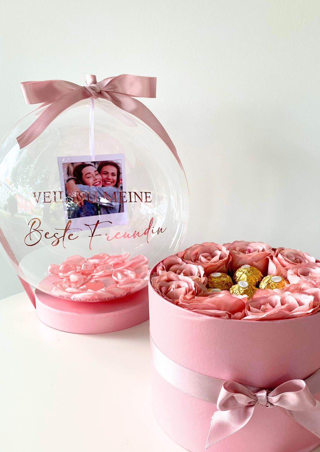 Personalisierte Ballon Rosenbox mit Foto Geschenk in Rosa