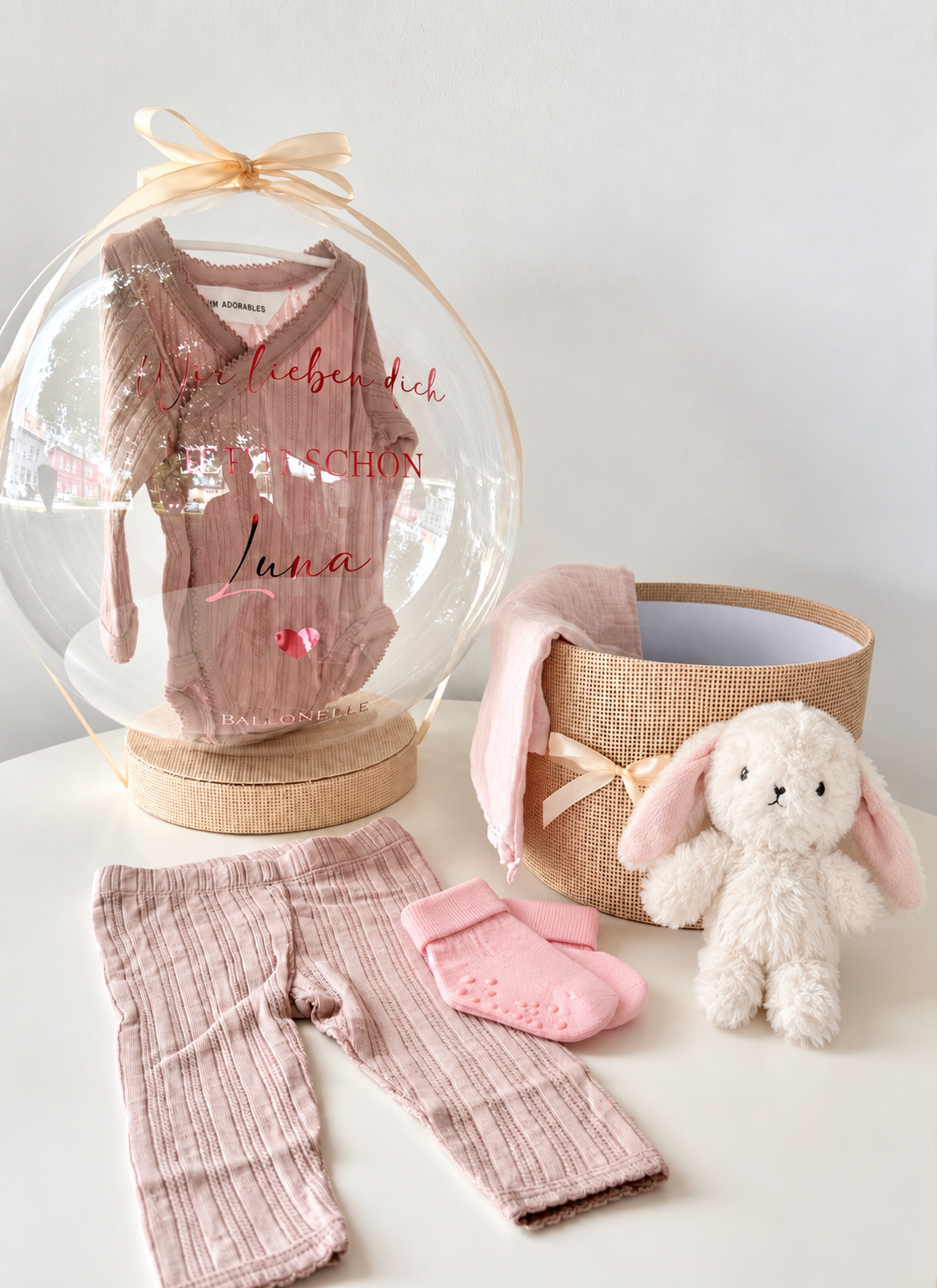 Ballon Baby-Geschenkset Personalisiert 7-teilig in Pointelle Altrosa