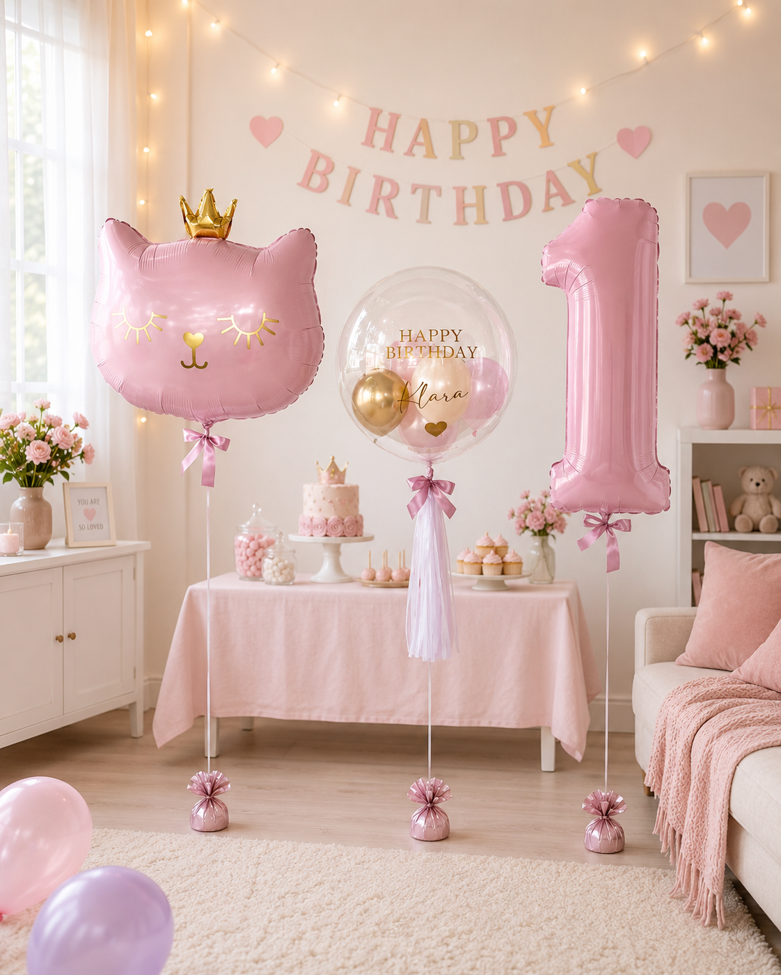 Cat Princess Ballon-Set Rosa zum Geburtstag (3-teilig) heliumgefüllt