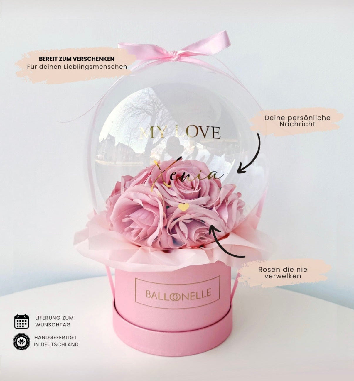 Ballon Flowerbox-Set Rosa Rosen mit Herzballons - heliumgefüllt