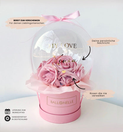 Ballon Flowerbox-Set Rosa Rosen mit Herzballons - heliumgefüllt