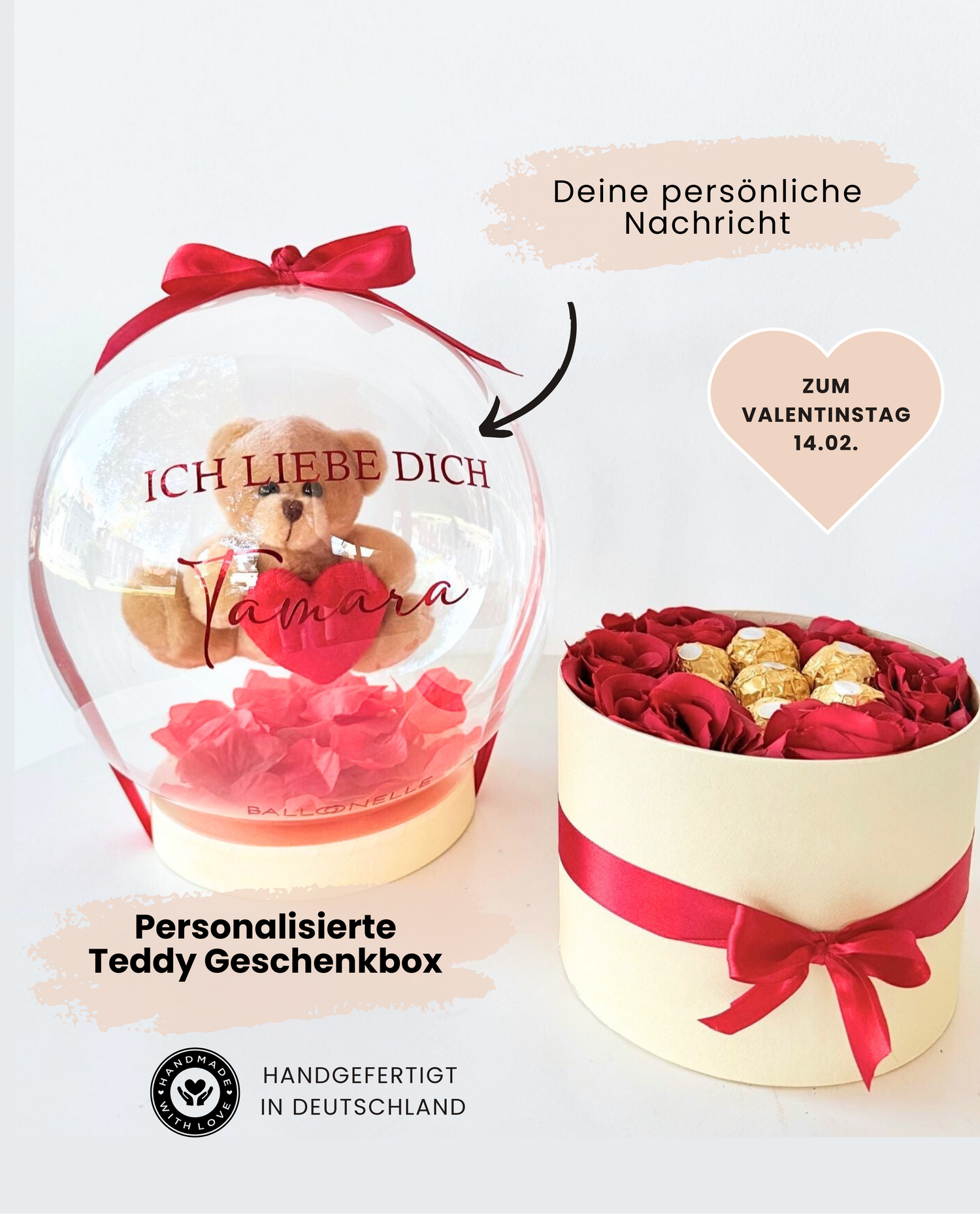 Personalisierte Ballon Rosenbox mit Teddy Geschenk Valentinstag