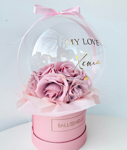 Ballon Flowerbox-Set Rosa Rosen mit Herzballons - heliumgefüllt