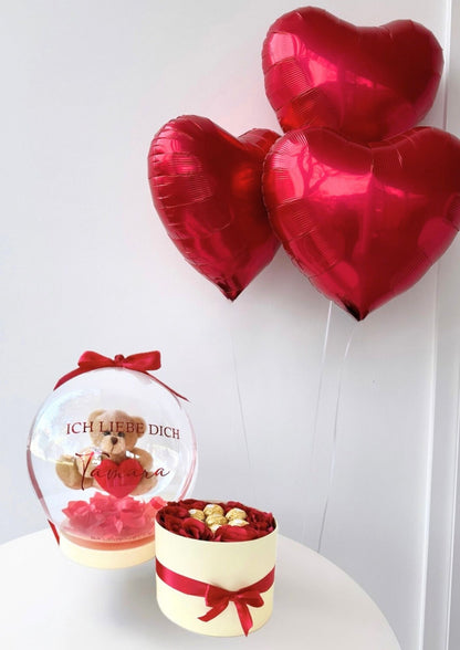 Personalisierte Ballon Teddybox Geschenkset Valentinstag mit Herzballons - heliumgefüllt