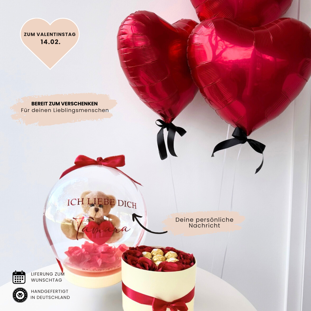 Personalisierte Ballon Teddybox Geschenkset Valentinstag mit Herzballons - heliumgefüllt