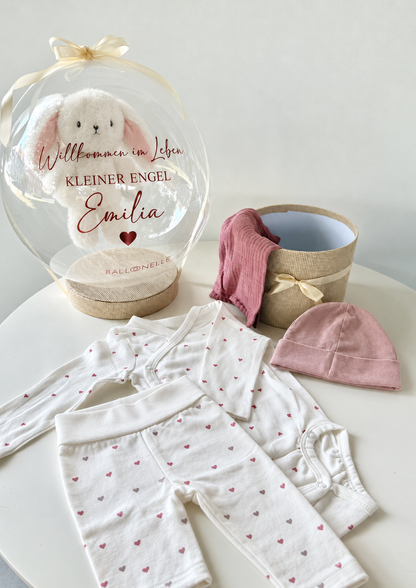 Ballon Baby-Geschenkset 7-teilig aus Baumwolljersey Weiß/Herzen