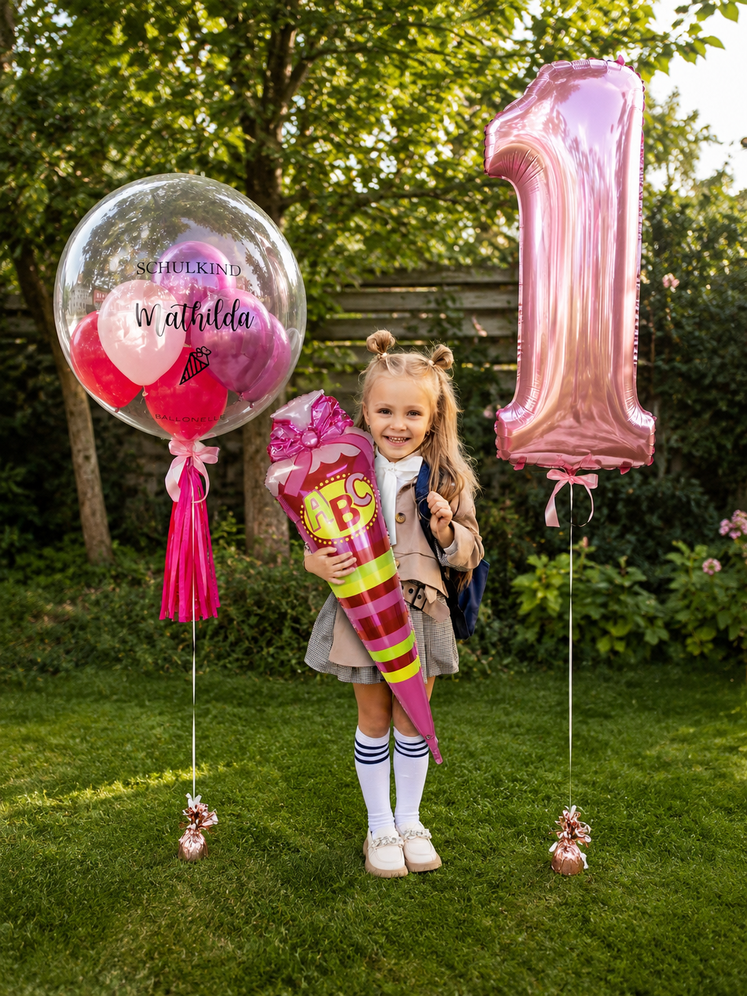 Mädchen Ballon-Set zur Einschulung (3-teilig) heliumgefüllt