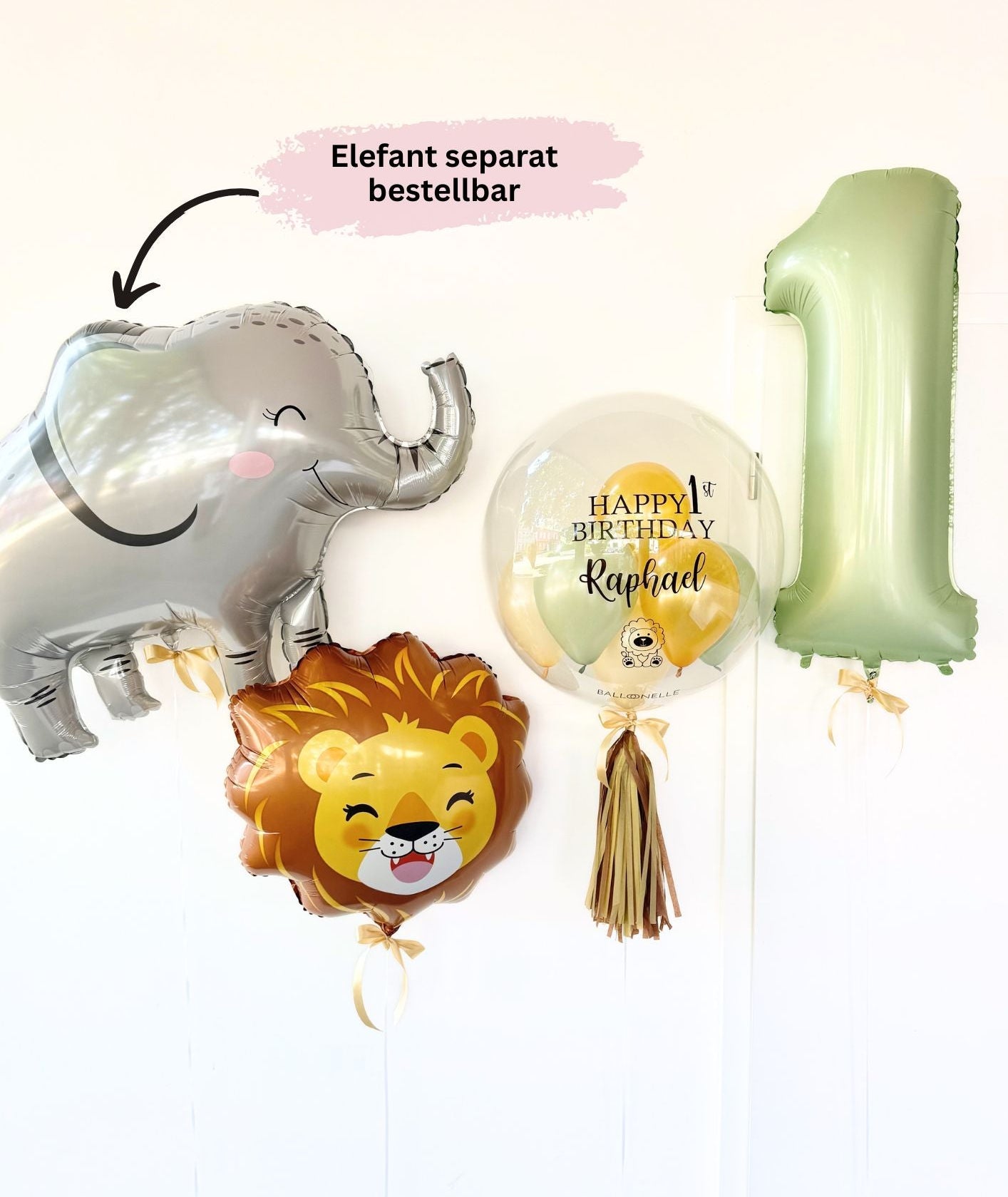 Ballon-Set Dschungel Safari Löwe zum ersten Geburtstag (3-teilig) heliumgefüllt