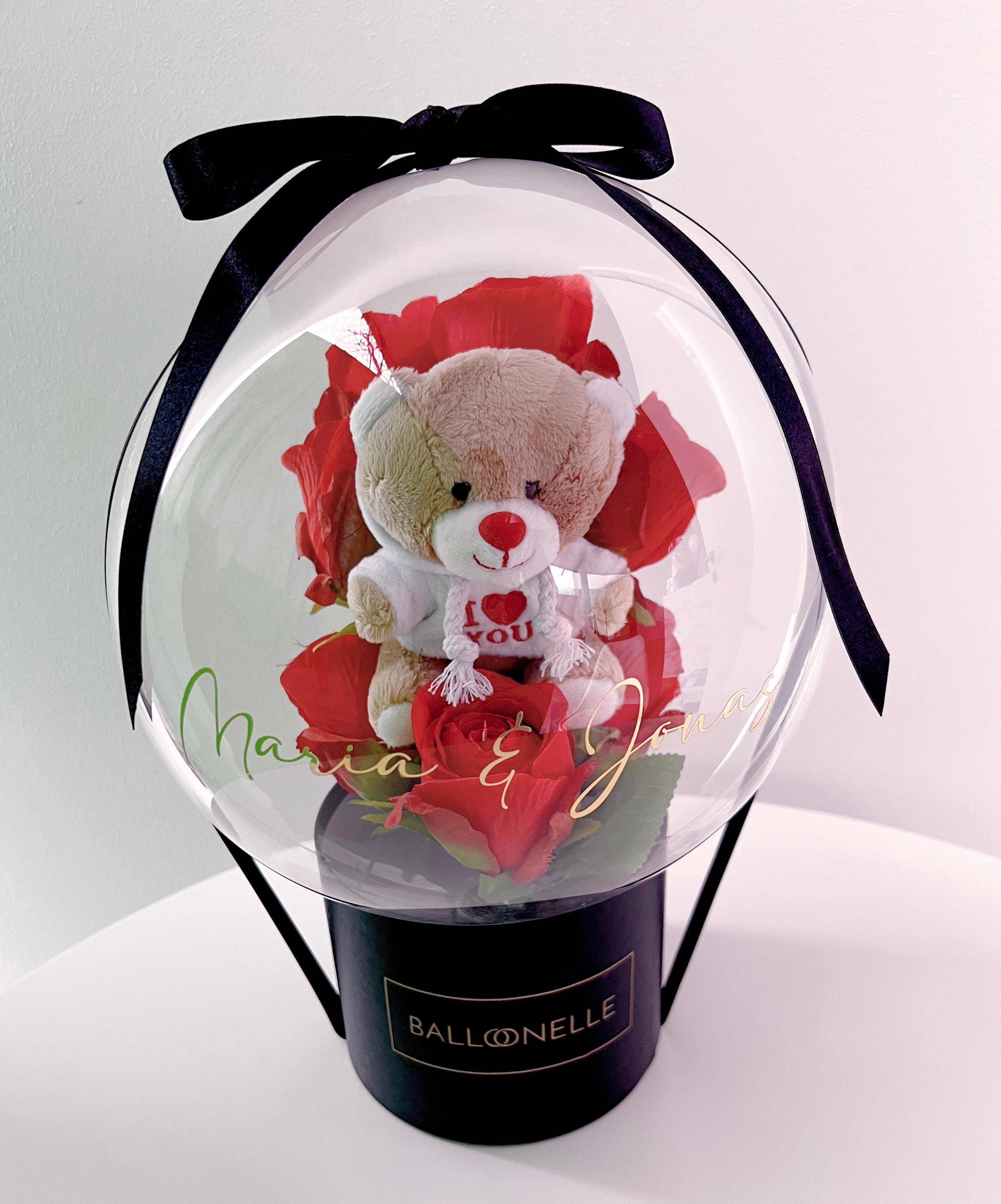Ballon Flowerbox gepersonaliseerd met teddybeer Valentijnsdag zwart-rood