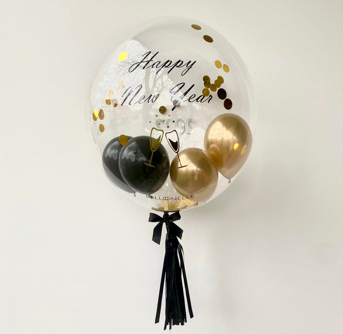 Happy New Year Gold Black Designer Ballon - BALLOONELLE
